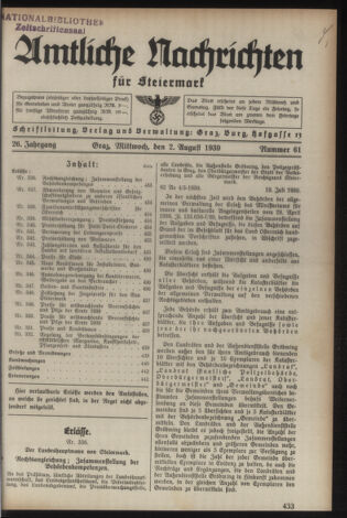 Verordnungsblatt der steiermärkischen Landesregierung 19390802 Seite: 1