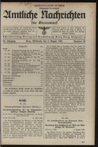 Verordnungsblatt der steiermärkischen Landesregierung 19390809 Seite: 1