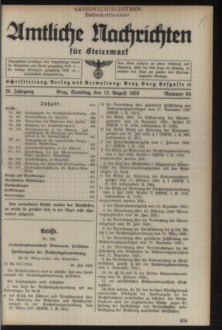 Verordnungsblatt der steiermärkischen Landesregierung 19390812 Seite: 1