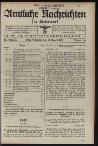 Verordnungsblatt der steiermärkischen Landesregierung 19390816 Seite: 1