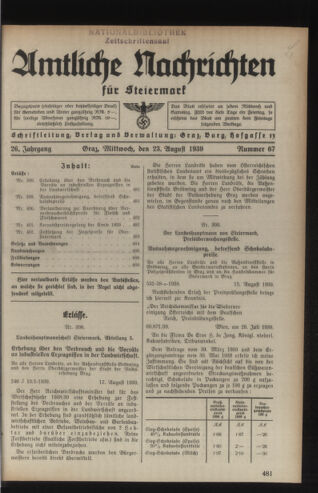 Verordnungsblatt der steiermärkischen Landesregierung 19390823 Seite: 1