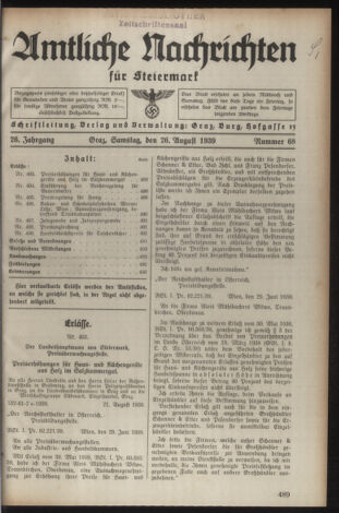 Verordnungsblatt der steiermärkischen Landesregierung 19390826 Seite: 1