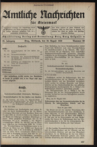 Verordnungsblatt der steiermärkischen Landesregierung 19390830 Seite: 1