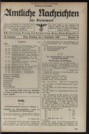 Verordnungsblatt der steiermärkischen Landesregierung 19390902 Seite: 1