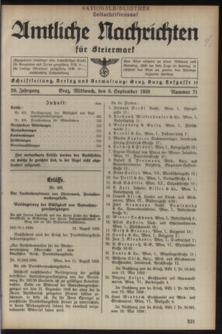 Verordnungsblatt der steiermärkischen Landesregierung 19390906 Seite: 1