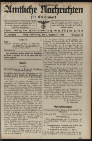 Verordnungsblatt der steiermärkischen Landesregierung 19390907 Seite: 1