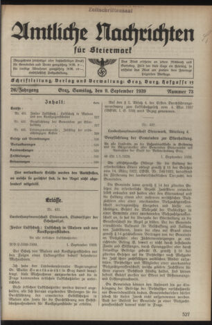 Verordnungsblatt der steiermärkischen Landesregierung 19390909 Seite: 1