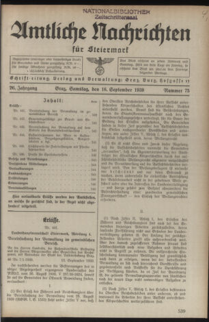 Verordnungsblatt der steiermärkischen Landesregierung 19390916 Seite: 1