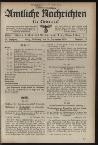 Verordnungsblatt der steiermärkischen Landesregierung 19390920 Seite: 1