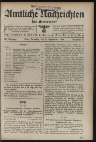 Verordnungsblatt der steiermärkischen Landesregierung 19390923 Seite: 1