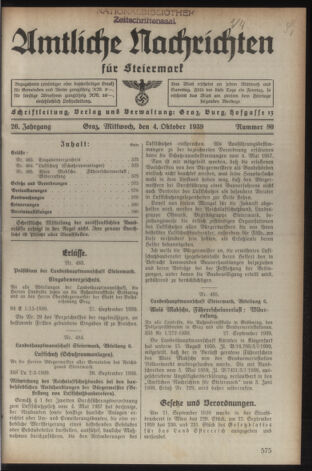 Verordnungsblatt der steiermärkischen Landesregierung 19391004 Seite: 1