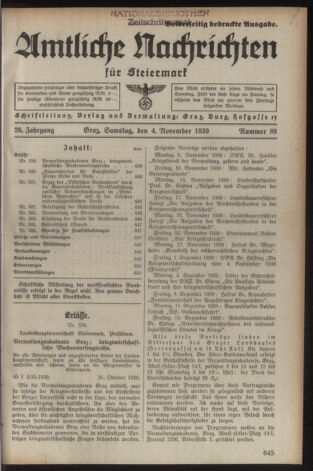 Verordnungsblatt der steiermärkischen Landesregierung 19391104 Seite: 1