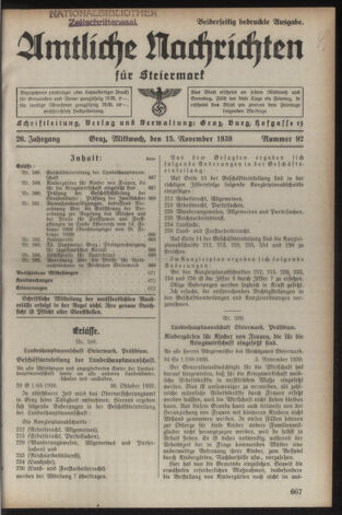 Verordnungsblatt der steiermärkischen Landesregierung 19391115 Seite: 1