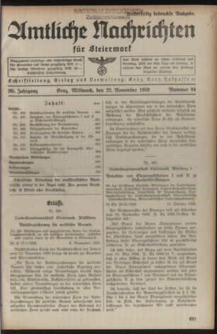 Verordnungsblatt der steiermärkischen Landesregierung 19391122 Seite: 1