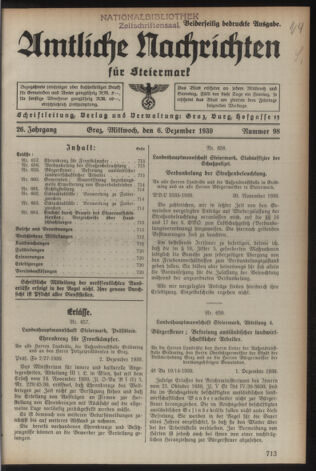 Verordnungsblatt der steiermärkischen Landesregierung 19391206 Seite: 1