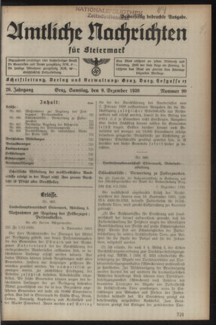 Verordnungsblatt der steiermärkischen Landesregierung 19391209 Seite: 1