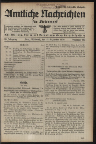 Verordnungsblatt der steiermärkischen Landesregierung 19391213 Seite: 1