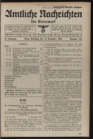 Verordnungsblatt der steiermärkischen Landesregierung 19391216 Seite: 1