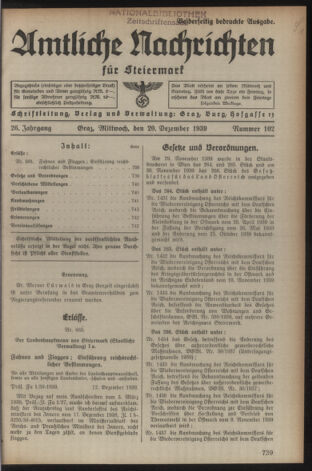 Verordnungsblatt der steiermärkischen Landesregierung 19391220 Seite: 1