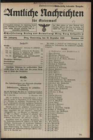 Verordnungsblatt der steiermärkischen Landesregierung 19391228 Seite: 1