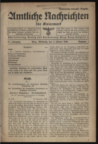 Verordnungsblatt der steiermärkischen Landesregierung 19400103 Seite: 1