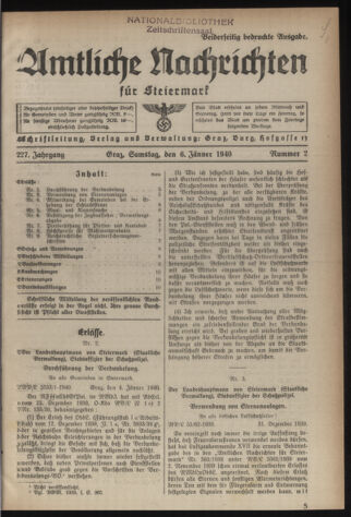 Verordnungsblatt der steiermärkischen Landesregierung 19400106 Seite: 1