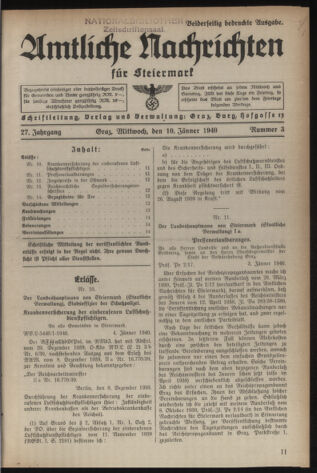 Verordnungsblatt der steiermärkischen Landesregierung 19400110 Seite: 1