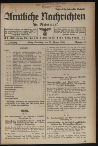 Verordnungsblatt der steiermärkischen Landesregierung 19400120 Seite: 1