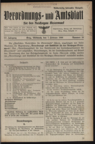 Verordnungsblatt der steiermärkischen Landesregierung 19400207 Seite: 1