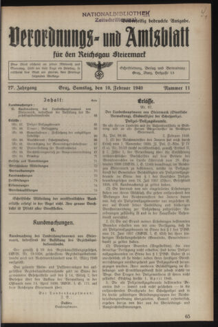 Verordnungsblatt der steiermärkischen Landesregierung 19400210 Seite: 1