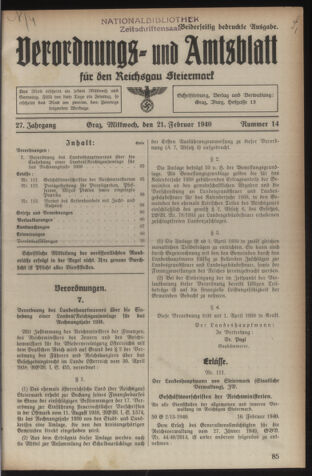 Verordnungsblatt der steiermärkischen Landesregierung 19400221 Seite: 1