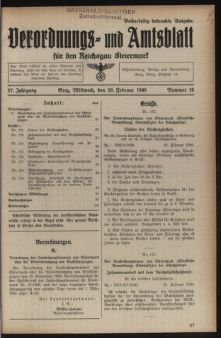 Verordnungsblatt der steiermärkischen Landesregierung 19400228 Seite: 1