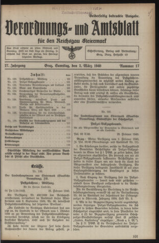 Verordnungsblatt der steiermärkischen Landesregierung 19400302 Seite: 1