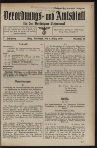 Verordnungsblatt der steiermärkischen Landesregierung 19400306 Seite: 1