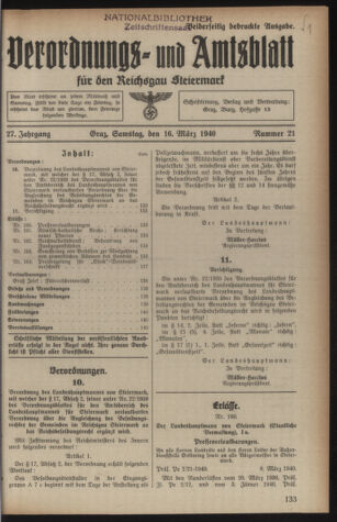 Verordnungsblatt der steiermärkischen Landesregierung 19400316 Seite: 1