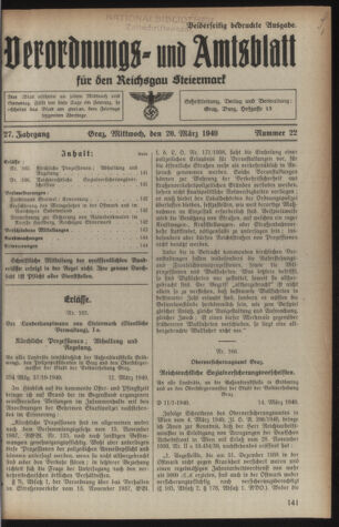 Verordnungsblatt der steiermärkischen Landesregierung 19400320 Seite: 1