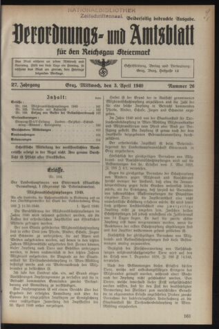 Verordnungsblatt der steiermärkischen Landesregierung 19400403 Seite: 1