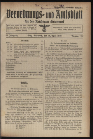 Verordnungsblatt der steiermärkischen Landesregierung 19400410 Seite: 1