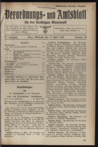 Verordnungsblatt der steiermärkischen Landesregierung 19400417 Seite: 1