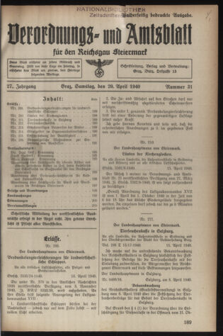 Verordnungsblatt der steiermärkischen Landesregierung 19400420 Seite: 1