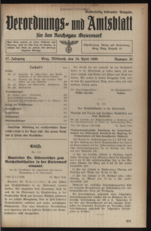 Verordnungsblatt der steiermärkischen Landesregierung 19400424 Seite: 1