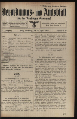 Verordnungsblatt der steiermärkischen Landesregierung 19400427 Seite: 1