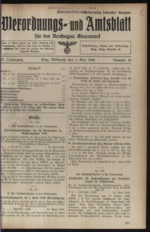 Verordnungsblatt der steiermärkischen Landesregierung 19400501 Seite: 1