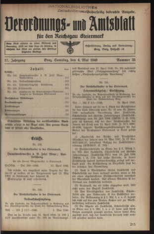 Verordnungsblatt der steiermärkischen Landesregierung 19400504 Seite: 1