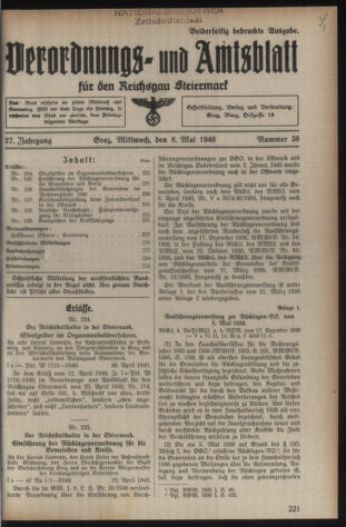 Verordnungsblatt der steiermärkischen Landesregierung 19400508 Seite: 1