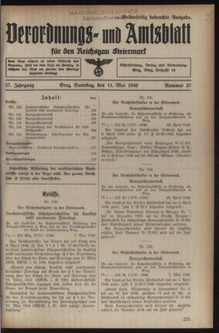 Verordnungsblatt der steiermärkischen Landesregierung 19400511 Seite: 1