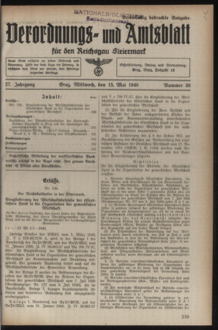 Verordnungsblatt der steiermärkischen Landesregierung 19400515 Seite: 1