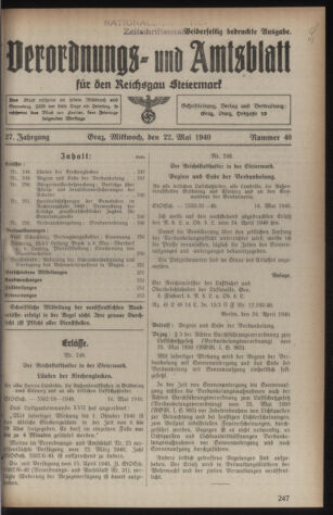 Verordnungsblatt der steiermärkischen Landesregierung 19400522 Seite: 1