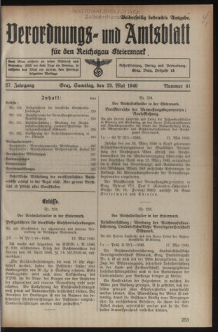 Verordnungsblatt der steiermärkischen Landesregierung 19400525 Seite: 1