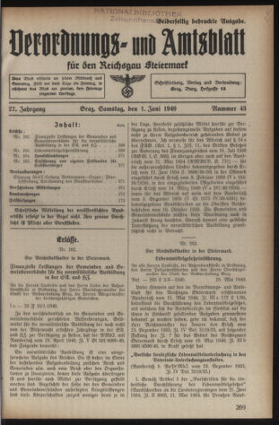 Verordnungsblatt der steiermärkischen Landesregierung 19400601 Seite: 1